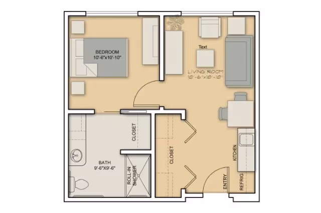 Floor plan of a senior living unit at MorningStar Senior Living of Boise showing a bedroom with a bed and nightstand, a bathroom with a toilet, sink, and roll-in shower, a living room with seating and a table, a kitchen area with a refrigerator and sink, entryway, and two closets.