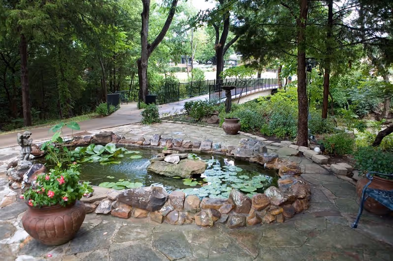 A serene outdoor garden area featuring a small stone-bordered pond with lily pads and a rock in the center. Surrounding the pond are potted plants with flowers and greenery. In the background, there is a paved walkway and a metal railing, with tall trees and lush foliage providing shade and a natural setting.
