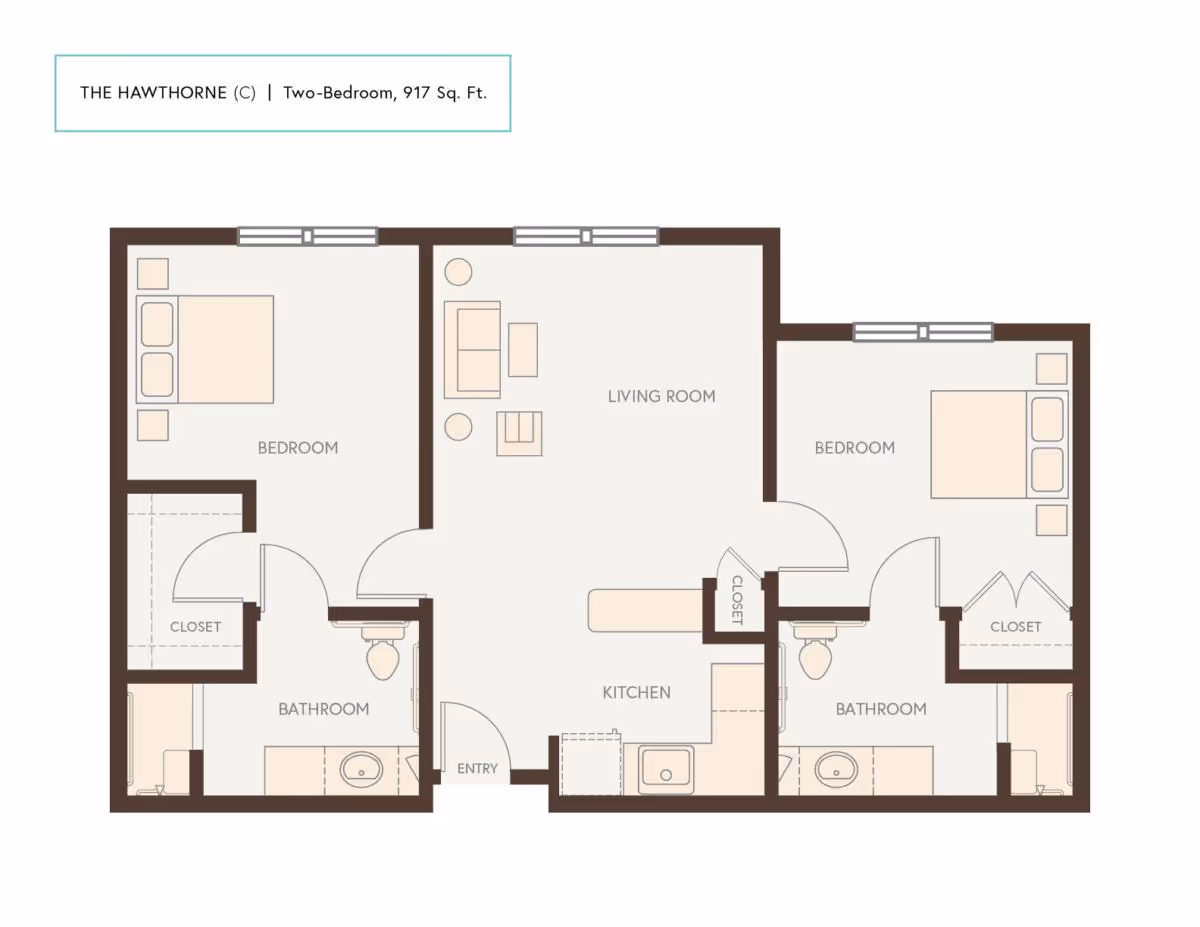 Floor plan of The Hawthorne, a two-bedroom apartment with 917 square feet. The layout includes two bedrooms, each with a closet, two bathrooms, a living room, a kitchen, and an entry area.