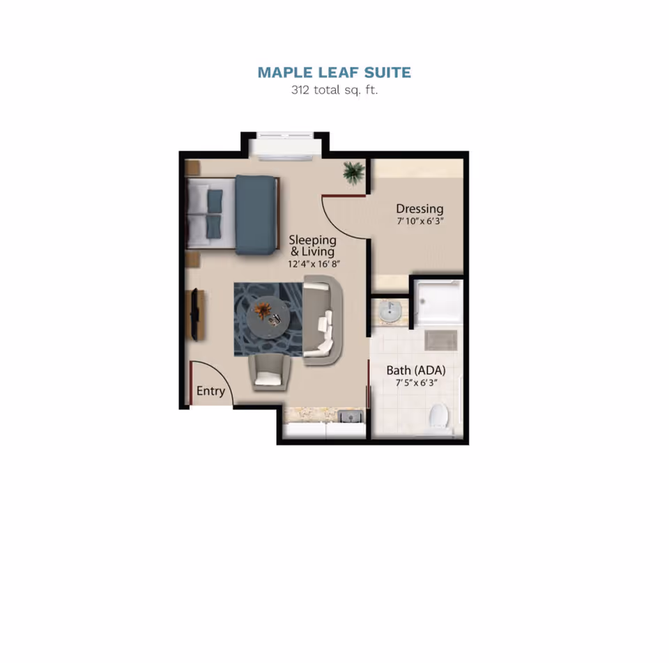 Top-down floor plan labeled "Maple Leaf Suite" showing a 312 sq. ft. studio with a sleeping/living area, dressing room, ADA bathroom, and entry.