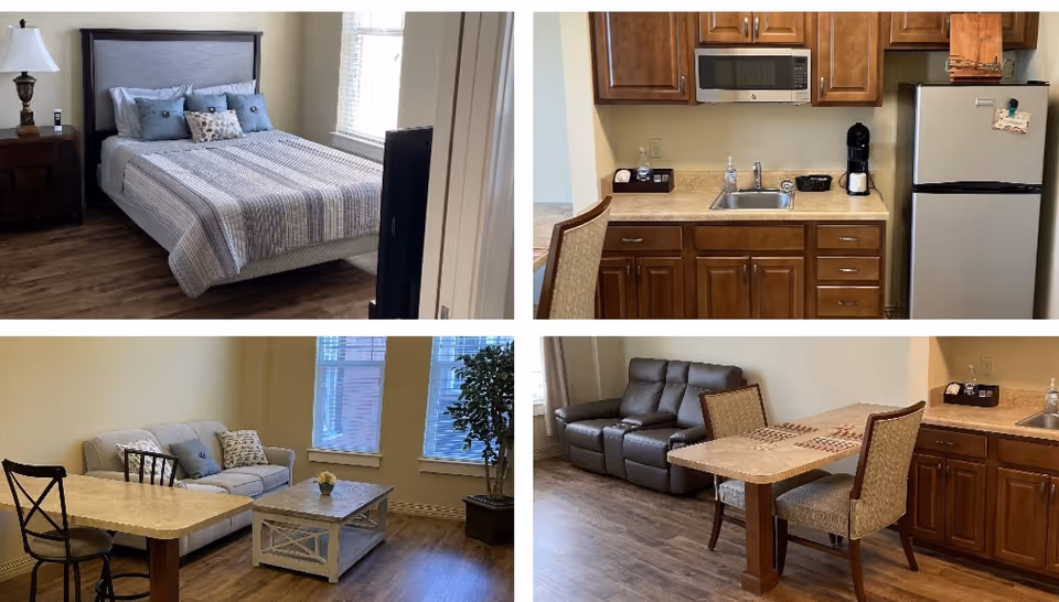 Interior collage showing bedroom, kitchen, and living and dining areas at Palmettos of Bluffton.