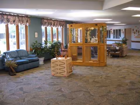 Interior common area of Valley View Home with a blue sofa, plants, and a wooden cabinet.