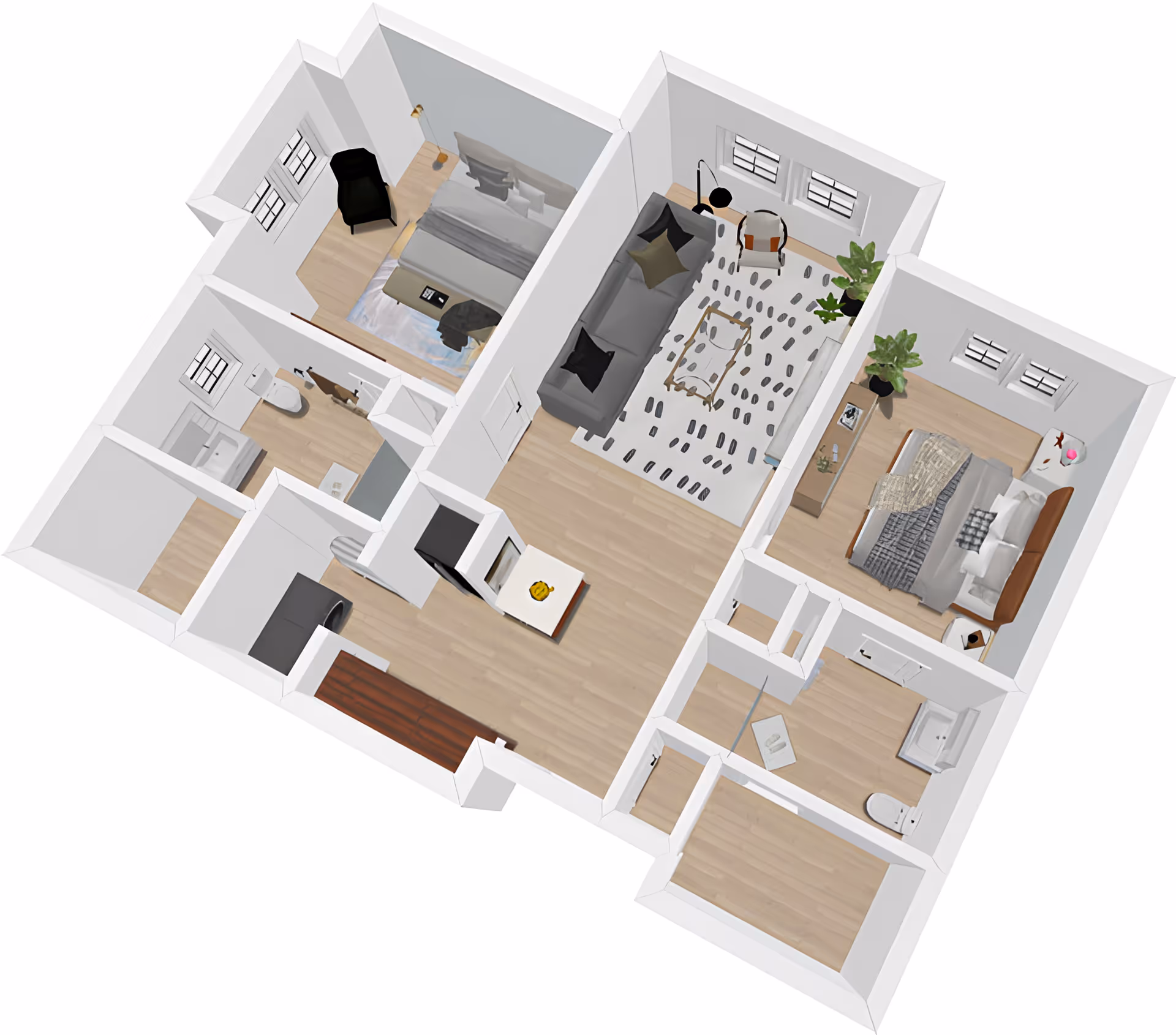 3D floor plan of a residential unit showing two bedrooms, a living room with sofa and chair, two bathrooms, and a kitchen area with appliances and a small dining table.