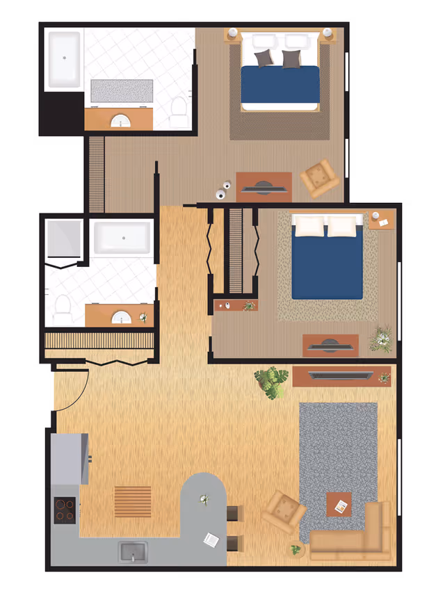 Floor plan of an apartment or living space showing two bedrooms, two bathrooms, a kitchen with an island and stools, and a living room area with a sofa, armchair, coffee table, and TV.
