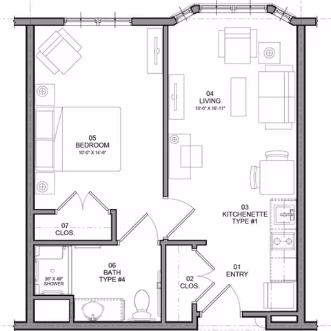 Architectural floor plan of a senior living unit at The Mariner Marblehead showing labeled areas including entry, closets, kitchenette, living room, bedroom, and bathroom with shower.