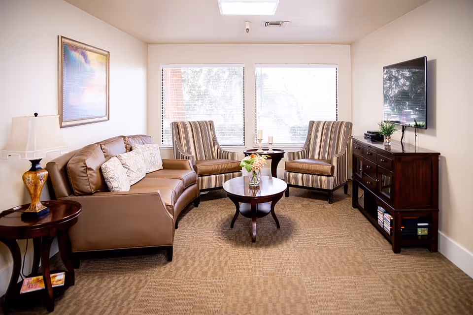 A cozy senior living room with a brown leather sofa, two striped armchairs, a round wooden coffee table with a vase of flowers, a side table with a decorative lamp, a wooden TV stand with a flat-screen TV mounted on the wall, and two large windows letting in natural light.
