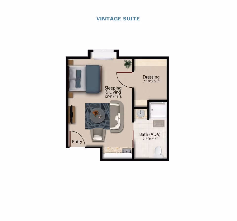 Floor plan titled Vintage Suite showing a combined sleeping and living area, dressing room, ADA bathroom, and entry.