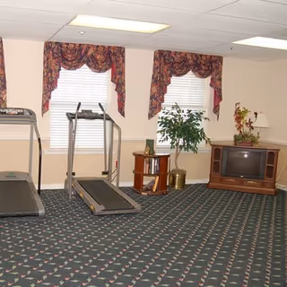 An interior exercise/lounge room with two treadmills, a TV console, potted plants, patterned carpet and curtained windows.