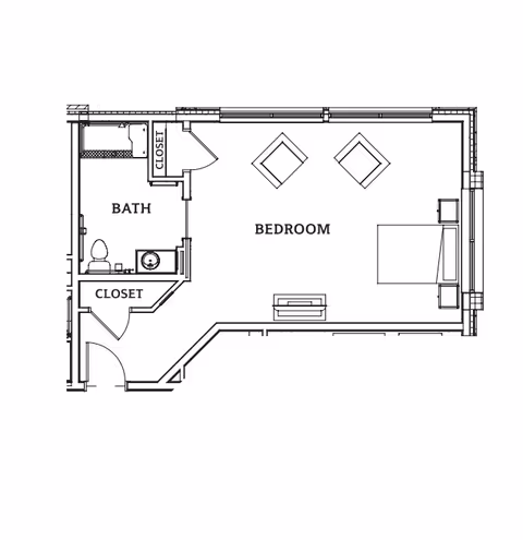 Architectural floor plan of a living space at Eagleview Landing showing a bedroom with two chairs, a bed, a dresser, a bathroom with a toilet, sink, and bathtub, and two closets.