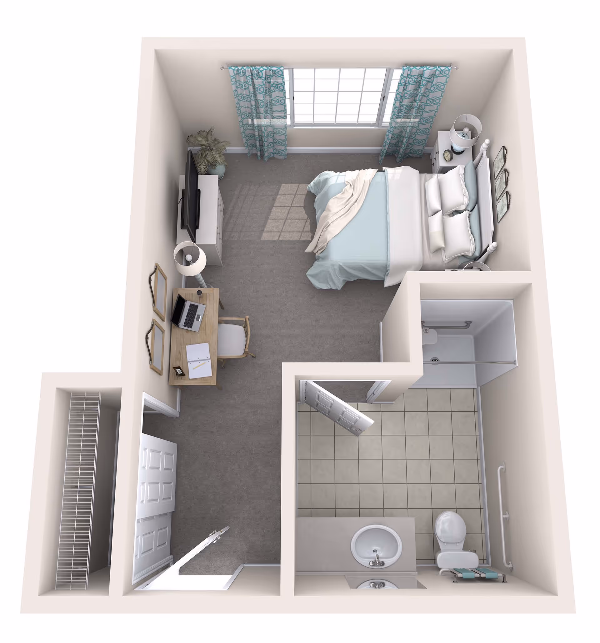 3D floor plan of a small apartment unit featuring a bedroom with a bed, nightstand, desk with chair and laptop, a TV on a stand, and a bathroom with a shower, toilet, and sink. The bedroom has a window with patterned curtains and a closet near the entrance.