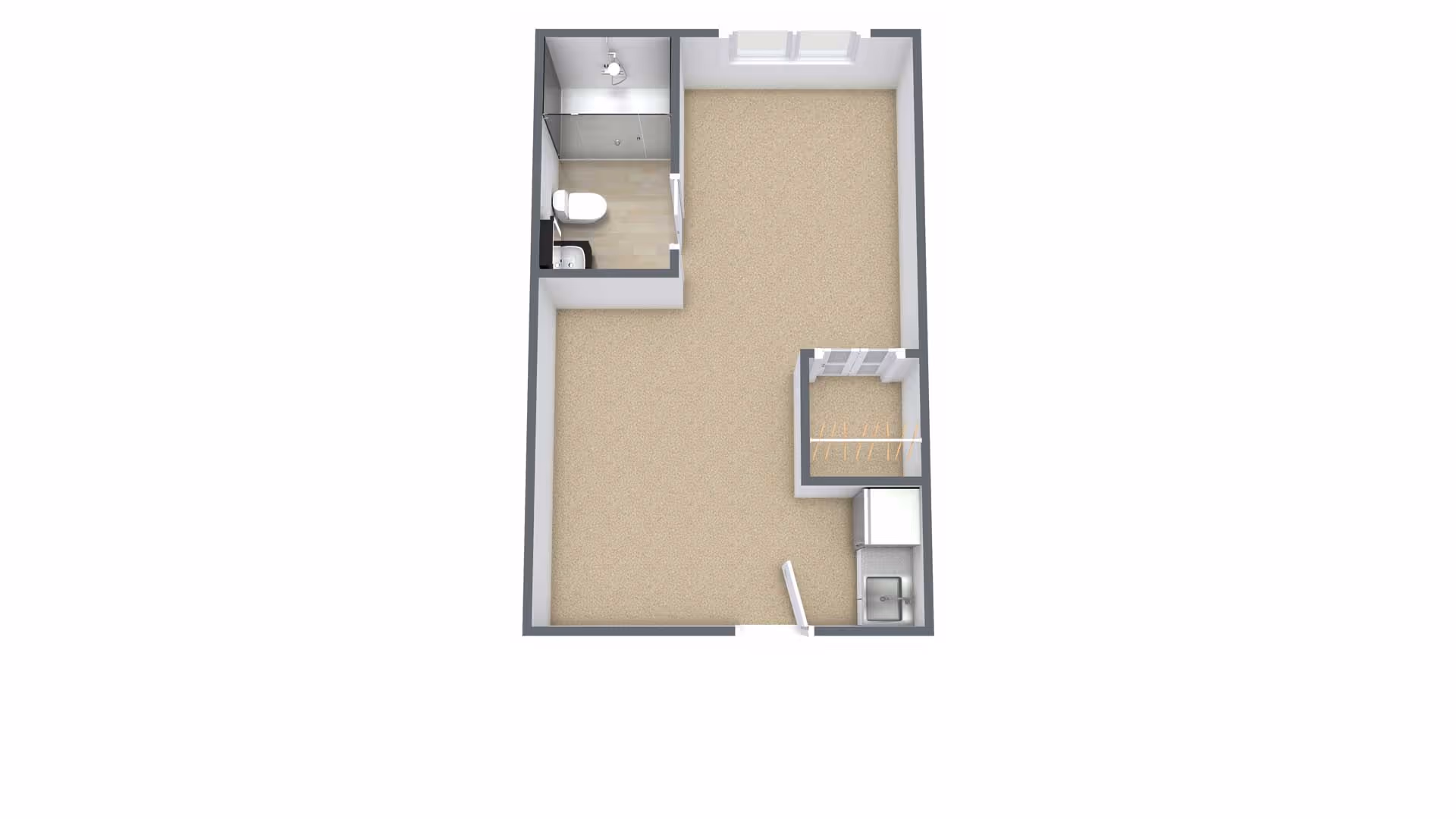 3D floor plan of a small apartment unit featuring a main living area with carpet flooring, a bathroom with a shower, toilet, and sink, and a kitchenette area with a sink and storage closet.