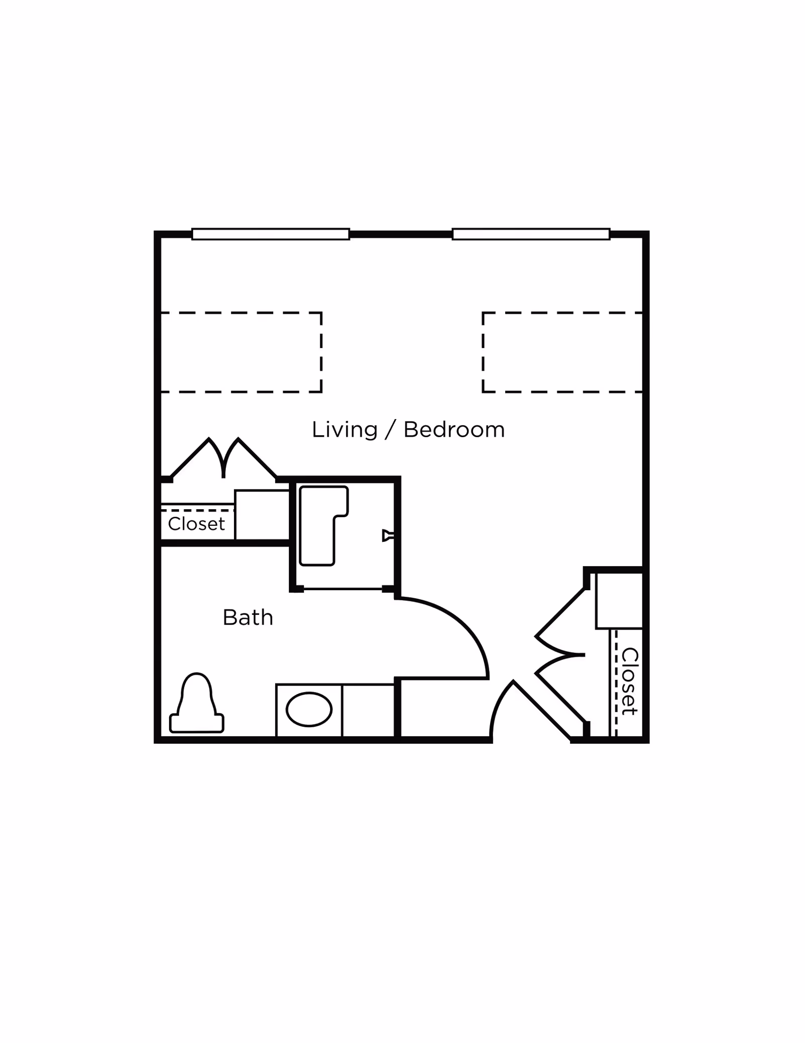 Architectural floor plan of a studio apartment layout showing a combined living and bedroom area, a bathroom with a toilet, sink, and shower, and two closets.