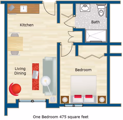 Floor plan of a one-bedroom senior living apartment with 475 square feet, showing a kitchen area with a sink and dining table, a living and dining area with a sofa, lamp, and chair, a bedroom with a bed and two nightstands, and a bathroom with a sink, toilet, and shower.