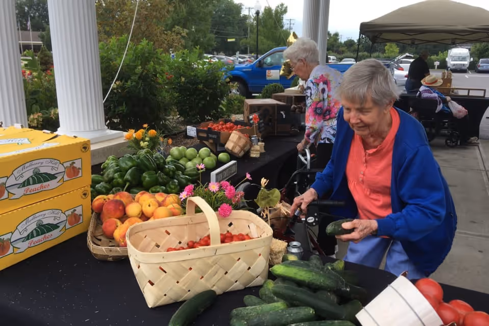 Two elderly women at an outdoor market stall selecting fresh vegetables and fruits including cucumbers, peaches, green peppers, and tomatoes. One woman is holding a cucumber while the other is using a walker. The market is set up on a sidewalk with a black tablecloth and baskets of produce. There are cars and greenery in the background.
