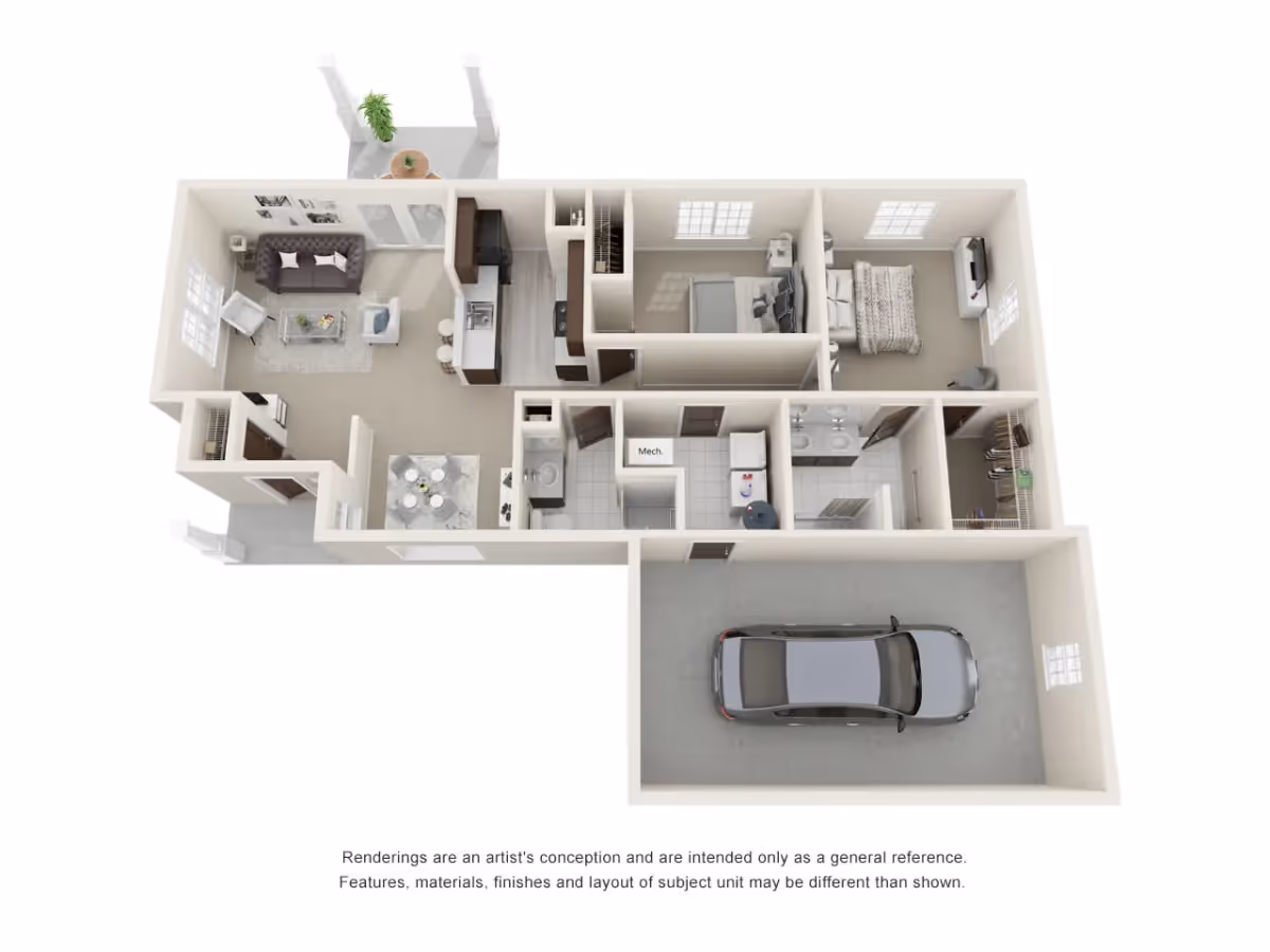 3D floor plan of a residential unit showing a living room with sofa and chairs, a kitchen with appliances and a breakfast bar, a dining area with a table and chairs, two bedrooms with beds and furniture, two bathrooms, a laundry area, a walk-in closet, and an attached garage with a car parked inside.