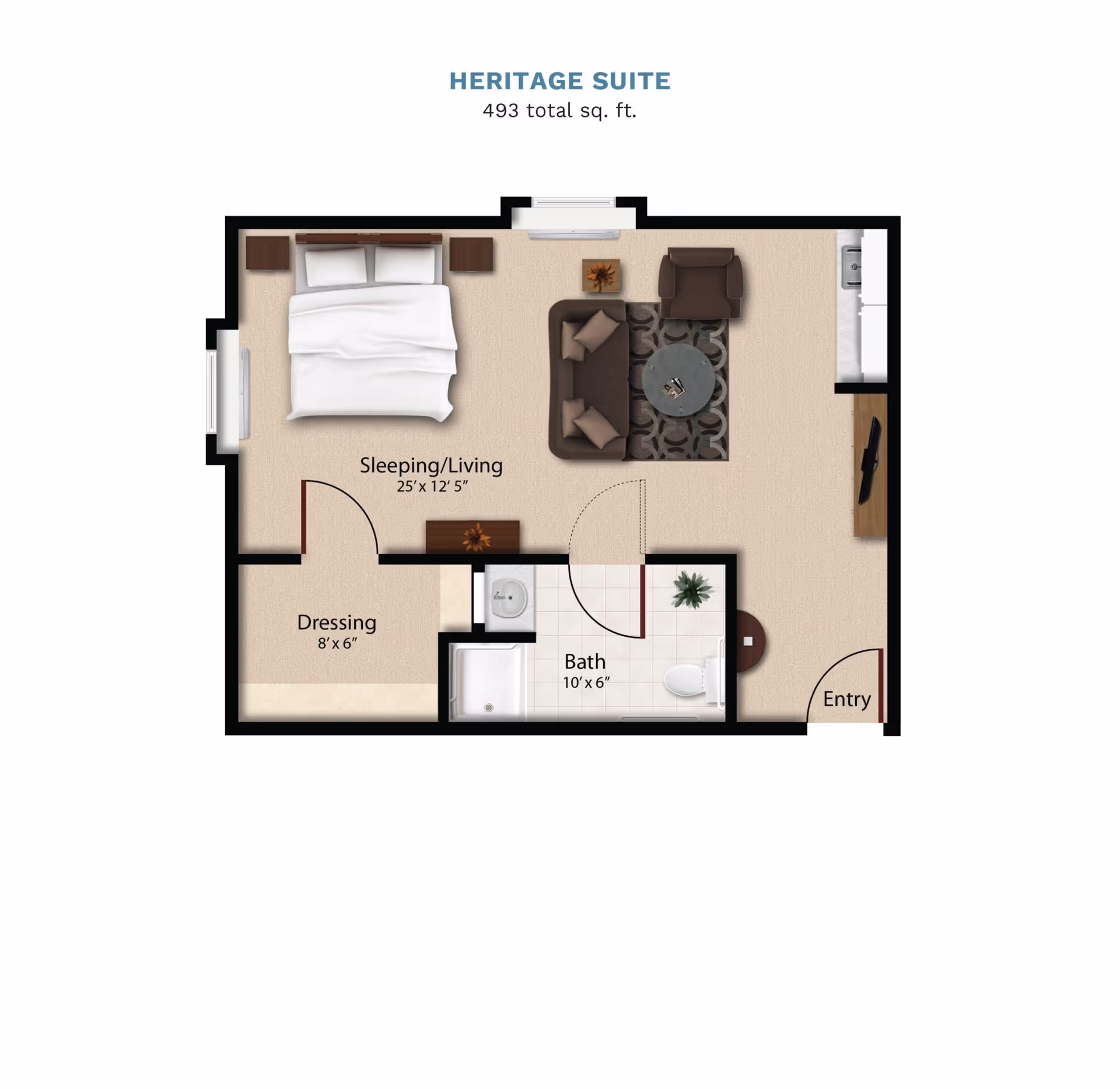 Floor plan of the Heritage Suite at Vintage Park at Stanley, showing a 493 square foot layout with a combined sleeping and living area, a dressing room, a bathroom, and an entryway. The sleeping/living area includes a bed, sofa, armchair, coffee table, and TV. The bathroom has a sink, toilet, and shower. The dressing room is adjacent to the sleeping area.
