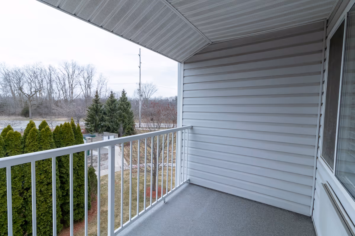 A small covered balcony with white railing and gray flooring, overlooking a landscaped area with evergreen trees and leafless deciduous trees in the background under an overcast sky.