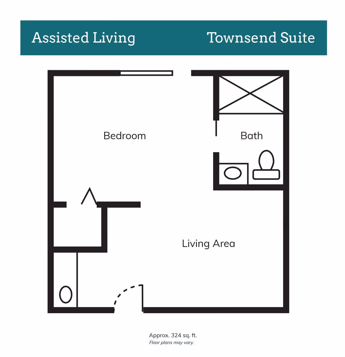Floor plan of the Townsend Suite at Timberdale Trace Assisted Living showing a bedroom, living area, and bathroom with approximate size of 324 square feet.