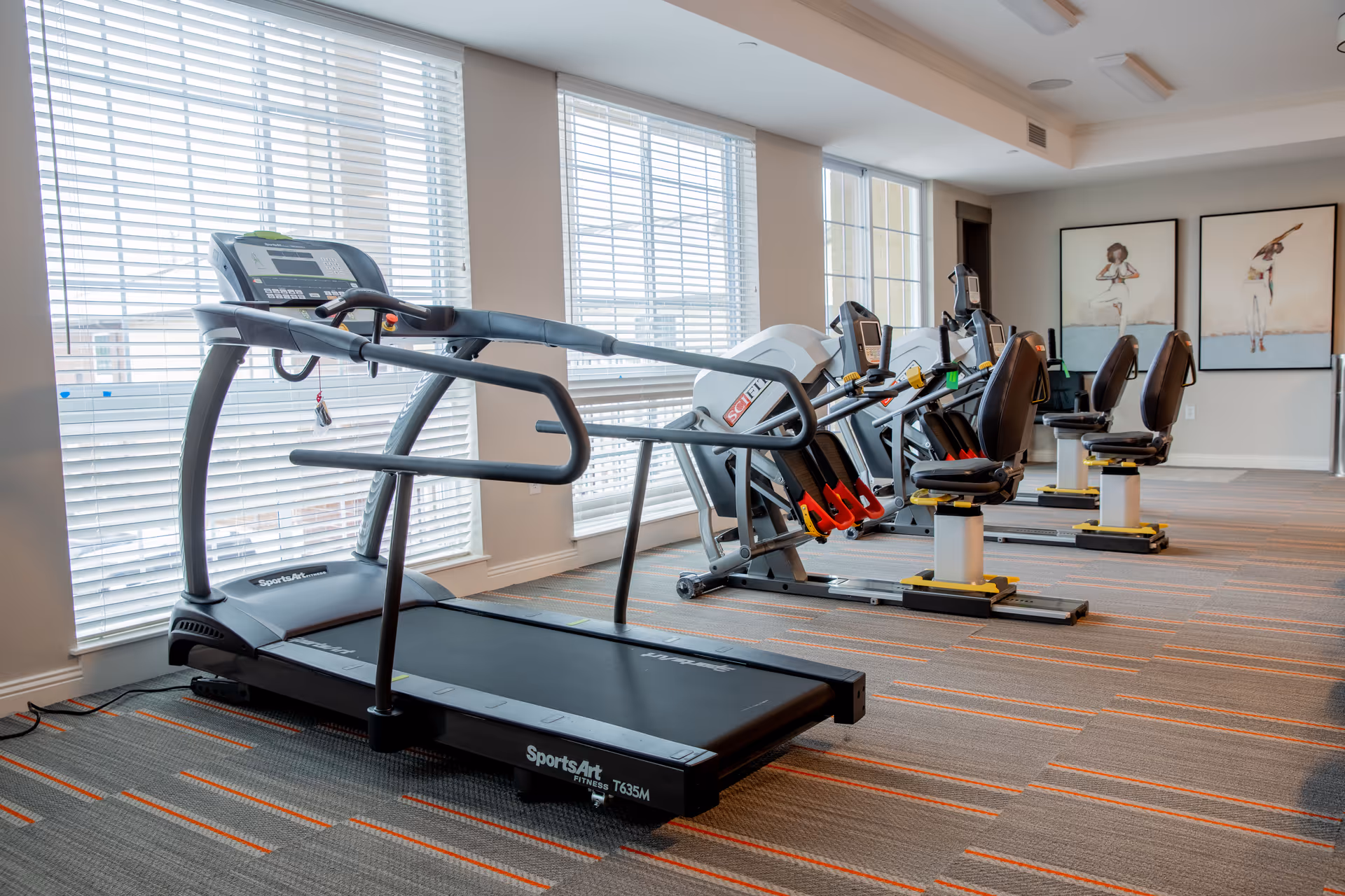 A bright exercise room with treadmills and recumbent exercise machines lined up beside large windows.