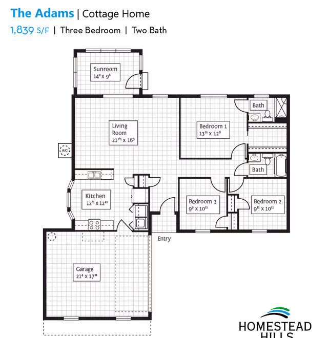 Floor plan of a residence named The Adams with 1,839 square feet, showing a sunroom, living room, kitchen, garage, three bedrooms, and two bathrooms.