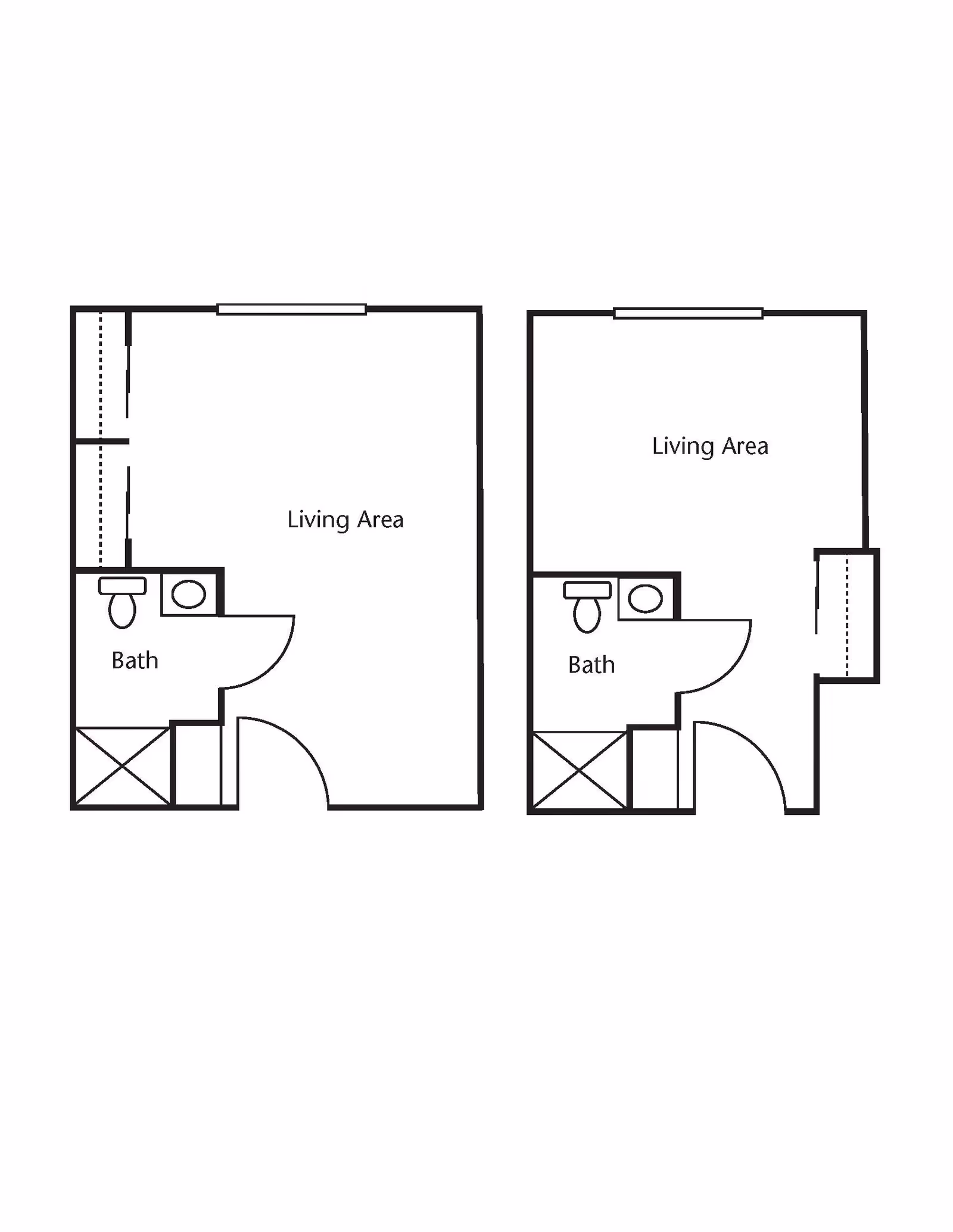 Architectural floor plan showing two similar studio apartment layouts each with a living area and a bathroom.