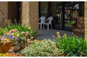 Outdoor patio area with a variety of green plants and colorful flowers in the foreground. Two white plastic chairs are placed near a glass door entrance to a building with a textured exterior wall.