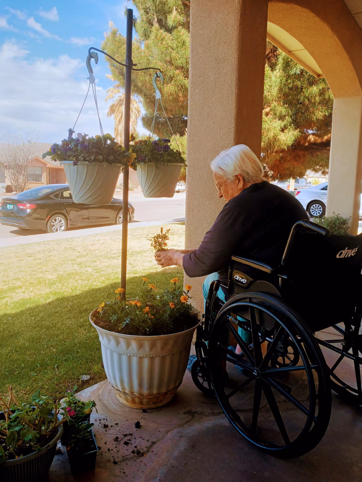 An elderly person in a wheelchair is tending to flowers in large pots on a covered porch. There are hanging flower pots and a grassy yard with parked cars and houses in the background under a partly cloudy sky.