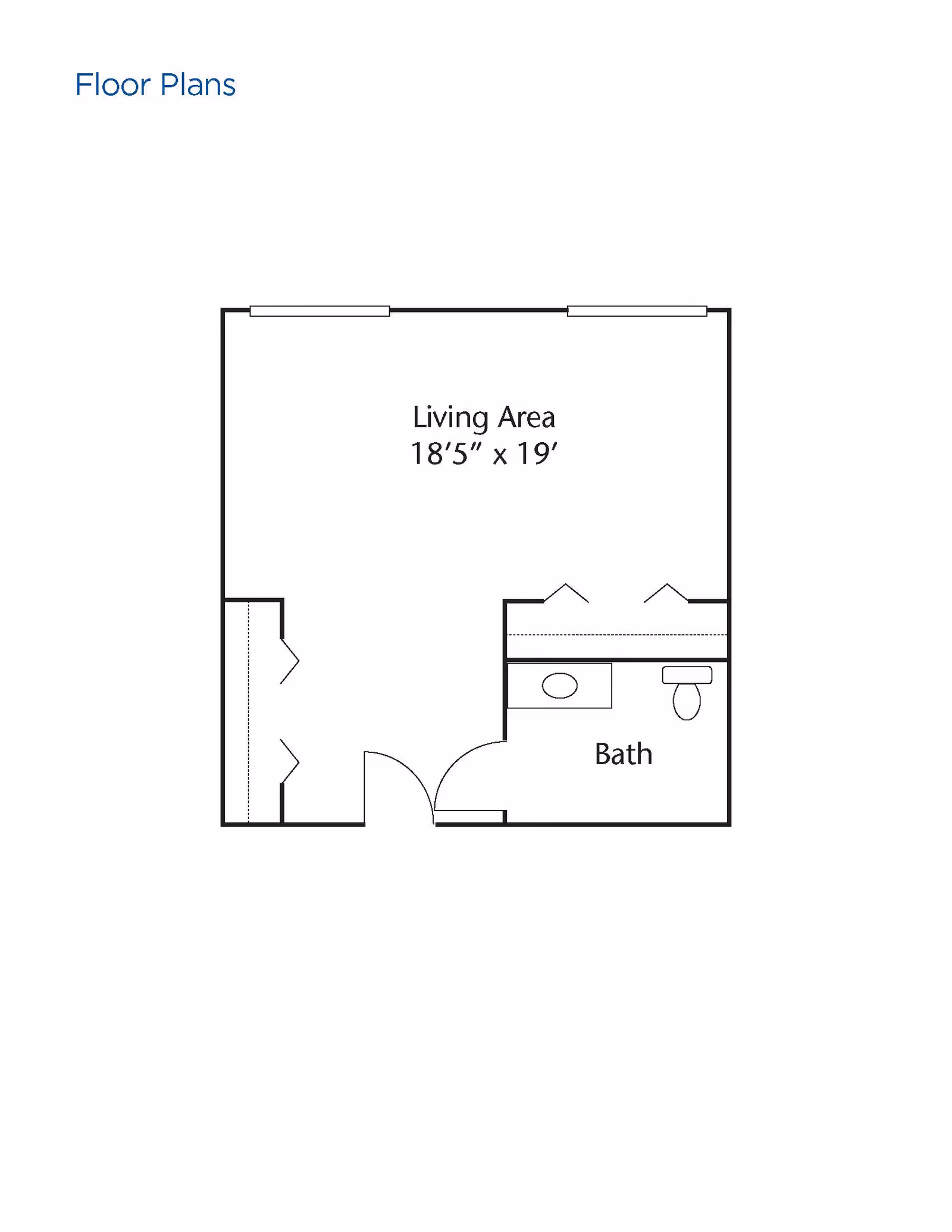 Floor plan layout showing a living area measuring 18 feet 5 inches by 19 feet, with an adjacent bathroom that includes a sink and toilet.