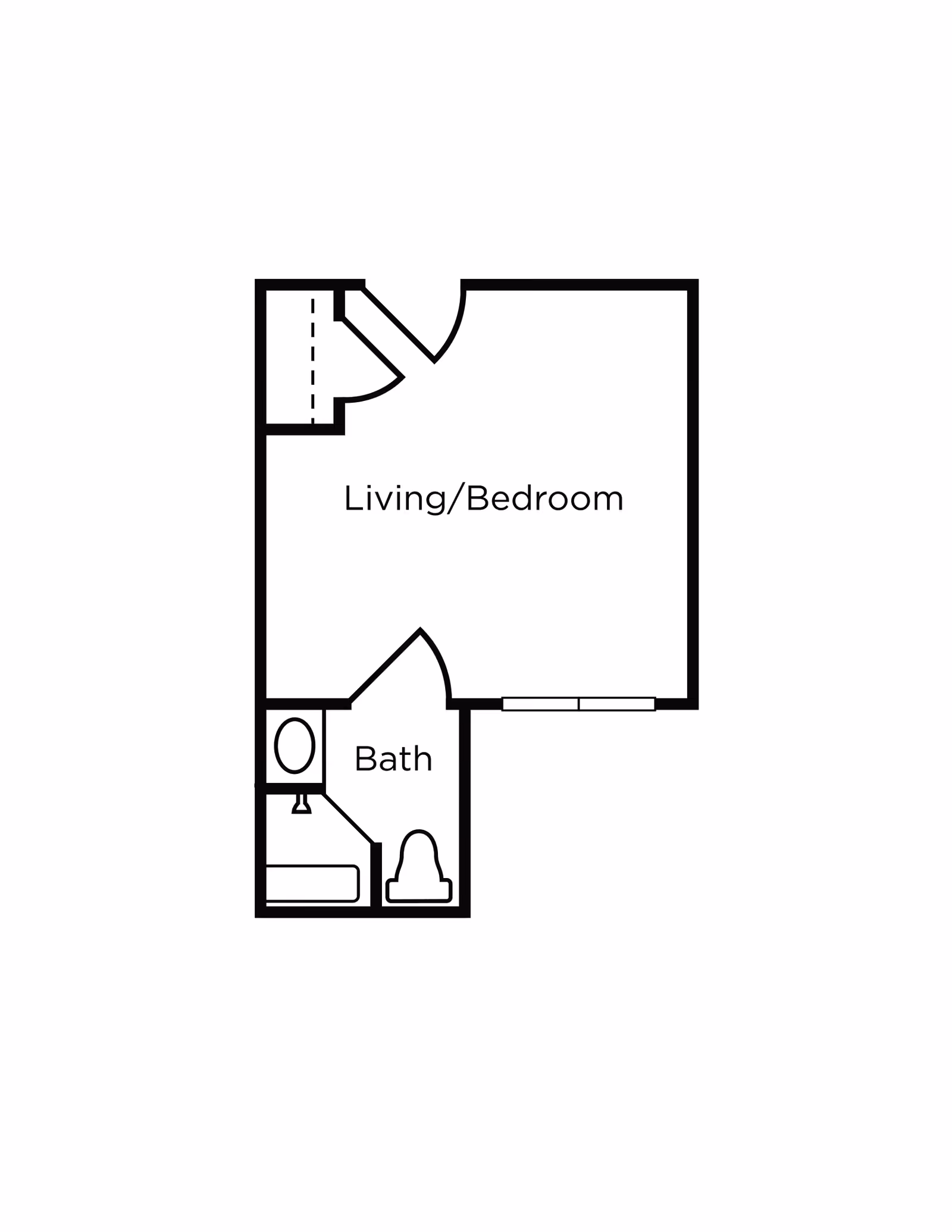 Simple black and white floor plan showing a combined living and bedroom area with an adjacent bathroom containing a toilet, sink, and bathtub.