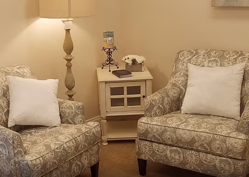 Two patterned upholstered armchairs with white pillows flank a small side table topped with a lamp and decor in a cozy living area.