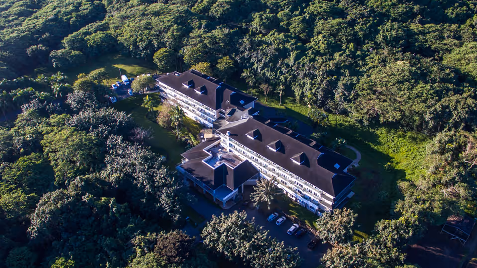 Aerial view of a large, multi-story building surrounded by dense green trees and vegetation, with a few cars parked near the entrance and a small outdoor seating area visible on the lawn.