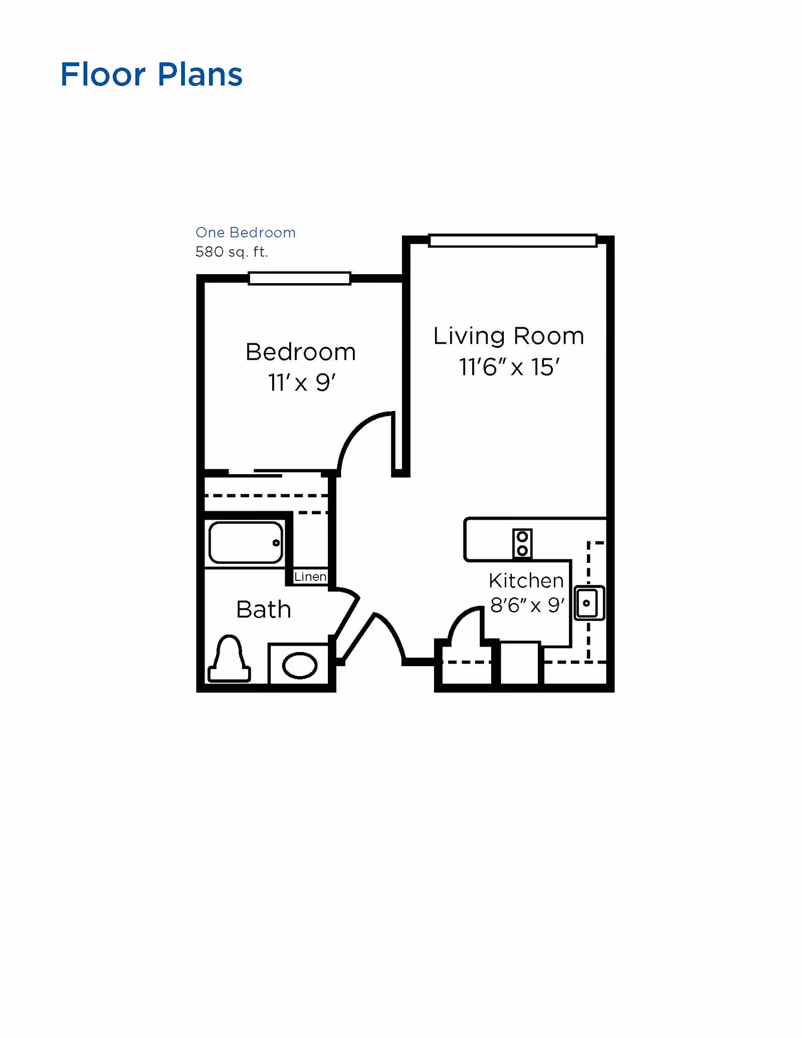 Floor plan of a one-bedroom apartment with 580 square feet, showing a bedroom measuring 11 feet by 9 feet, a living room measuring 11 feet 6 inches by 15 feet, a kitchen measuring 8 feet 6 inches by 9 feet, and a bathroom with a bathtub, toilet, and sink.