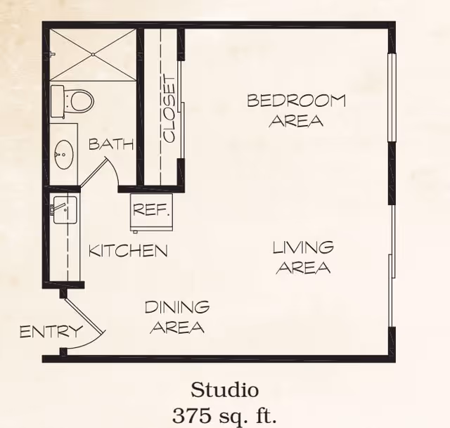 Architectural floor plan of a 375 square foot studio apartment at Summerfield Estates Retirement Community, showing designated areas for entry, kitchen, dining, living, bedroom, bathroom, closet, and refrigerator.