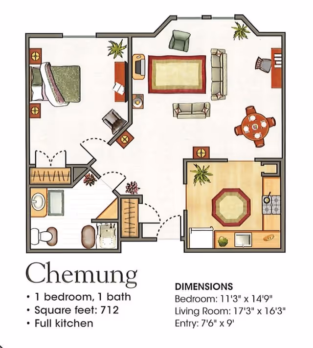Floor plan of a one-bedroom, one-bath apartment named Chemung at Woodland Village. The layout includes a bedroom with a bed and nightstands, a bathroom with a toilet, sink, and shower, a living room with sofas, armchair, coffee table, and a dining area with a round table and chairs. There is also a full kitchen with appliances and counter space. Dimensions for the bedroom, living room, and entry are provided.