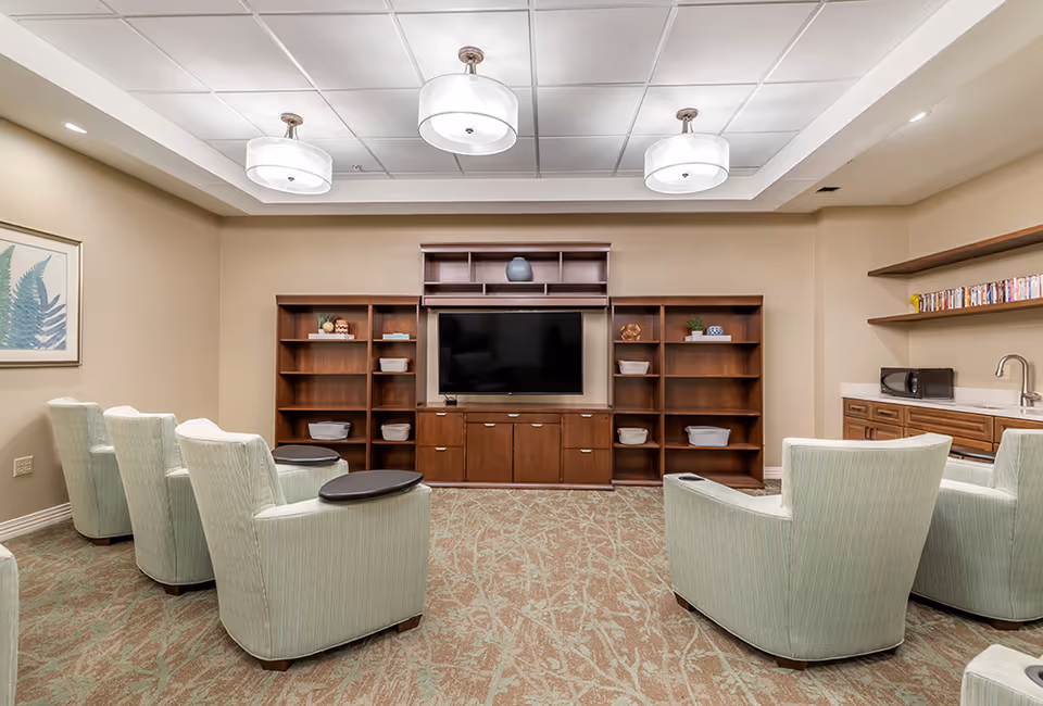 A cozy living room area with six light green upholstered armchairs arranged in two rows facing a large flat-screen TV mounted on a wooden entertainment center with shelves and cabinets. The room has beige walls, a patterned carpet, three ceiling lights, a framed botanical print on the left wall, and a kitchenette area with a microwave, sink, and shelves with DVDs on the right.