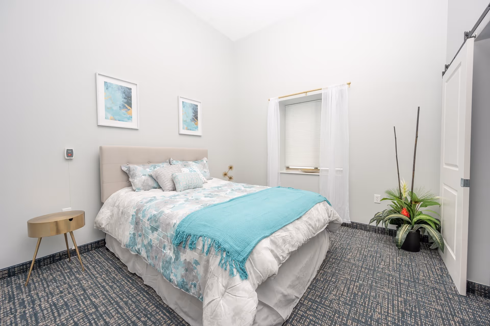 Bright modern bedroom with a queen bed dressed in teal-accented bedding, a small round bedside table, framed artwork, a window with sheer curtains, and a potted plant.