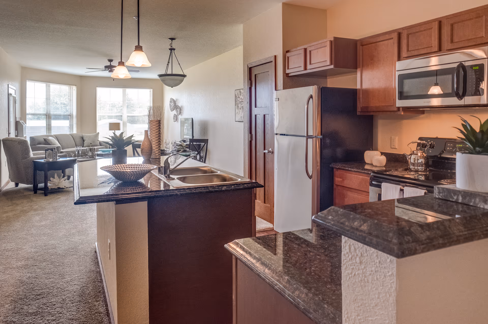 Open-concept kitchen with dark granite countertops, stainless refrigerator and microwave, and a sunlit living room beyond.