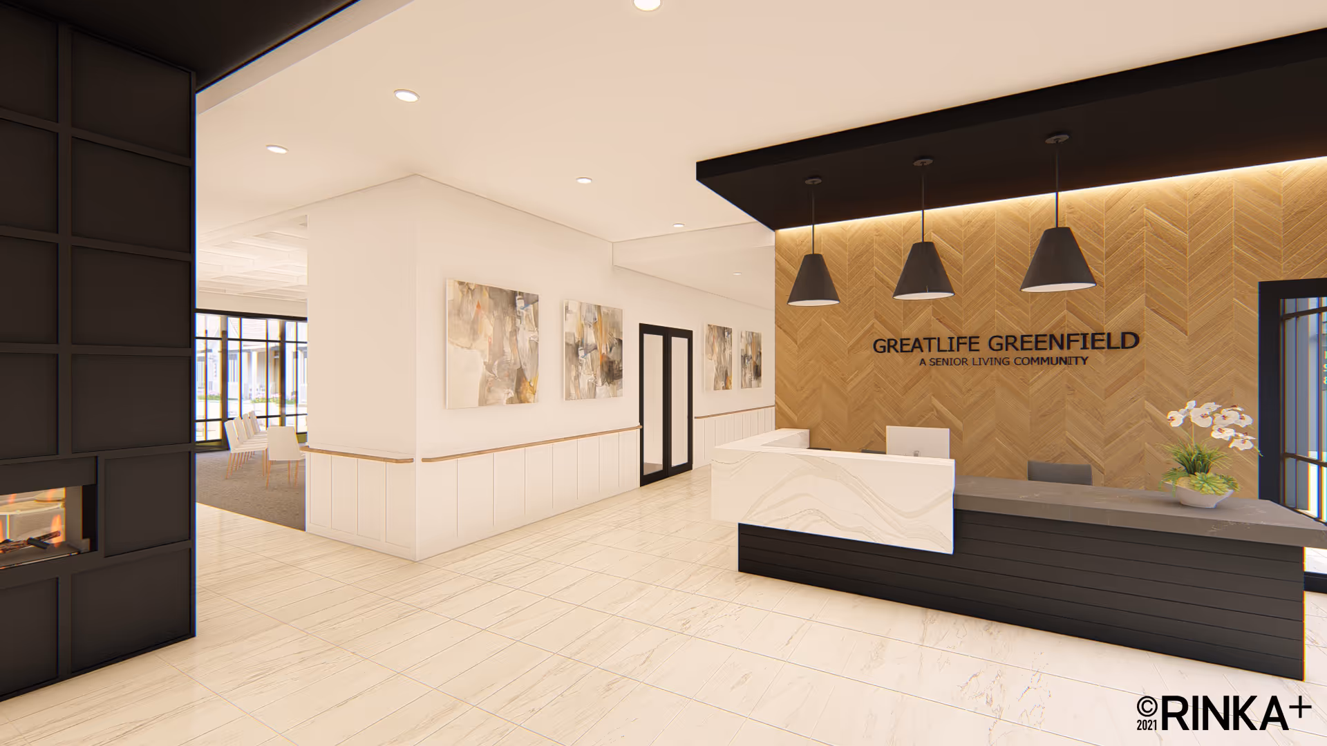 Bright modern reception lobby with a front desk, wood accent wall reading GreatLife Greenfield, pendant lights and seating area.