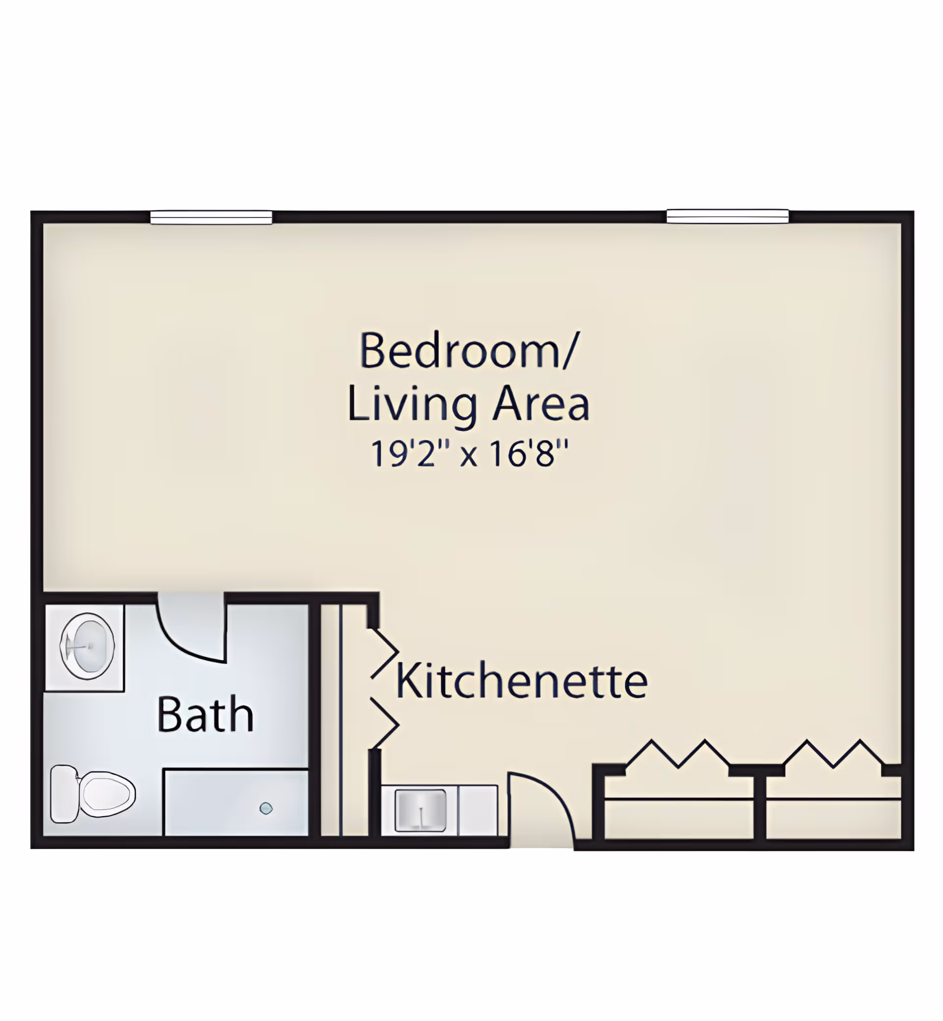 Floor plan of a senior living unit at Commonwealth Senior Living at Kings Grant House showing a combined bedroom and living area measuring 19 feet 2 inches by 16 feet 8 inches, a kitchenette, and a bathroom with a sink, toilet, and bathtub.