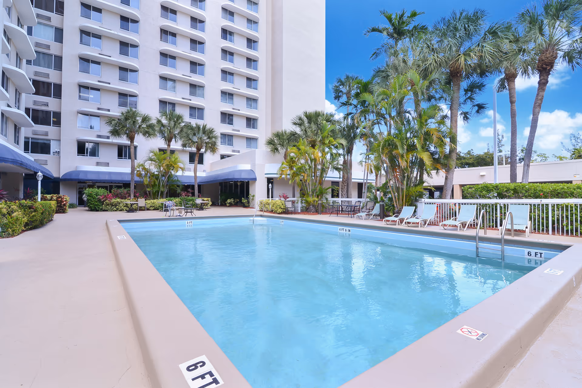 Outdoor swimming pool with lounge chairs, palm trees, and a tall multi-story building in the background.