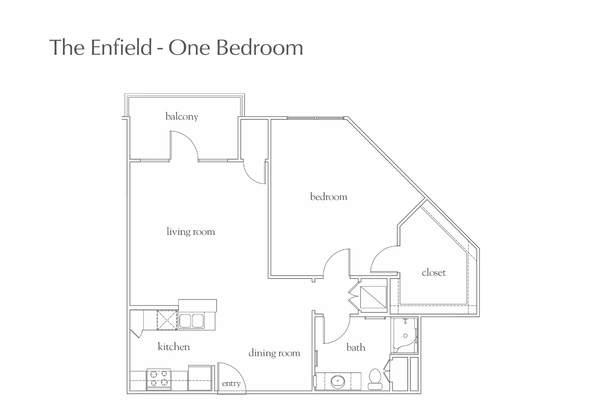Floor plan titled 'The Enfield - One Bedroom' showing a layout with a balcony, living room, kitchen, dining room, bedroom, closet, and bathroom.