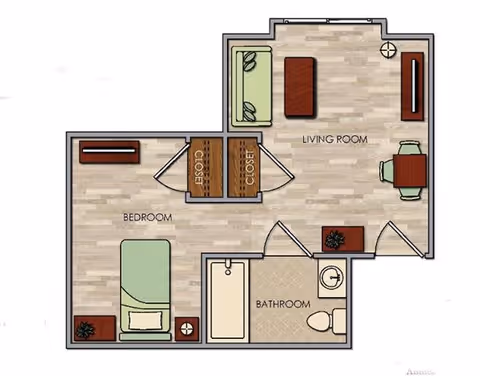 Floor plan of a one-bedroom apartment showing a bedroom with a bed and nightstands, a bathroom with a bathtub and toilet, two closets, and a living room with a sofa, coffee table, TV stand, and a small dining table with chairs.