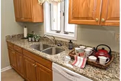 Kitchen countertop with a granite surface, double stainless steel sink beneath a window, wooden cabinets, and a tea set with cups and a kettle.