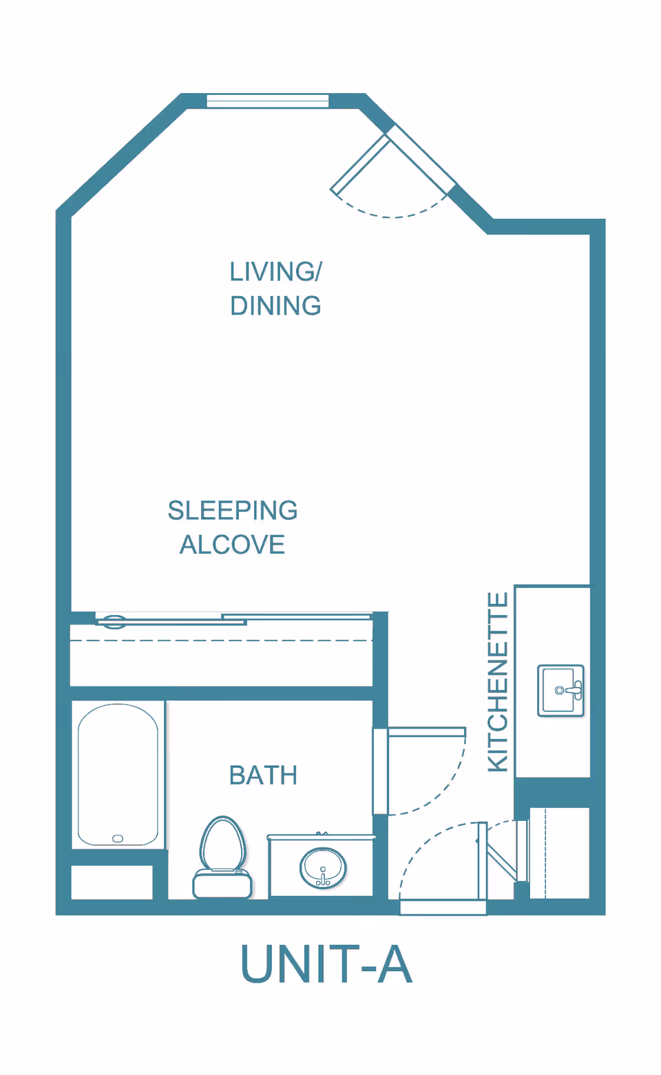 Floor plan of Unit-A at The Chateau de Boise, showing a living/dining area, sleeping alcove, bath with bathtub, toilet and sink, and a kitchenette with a sink.