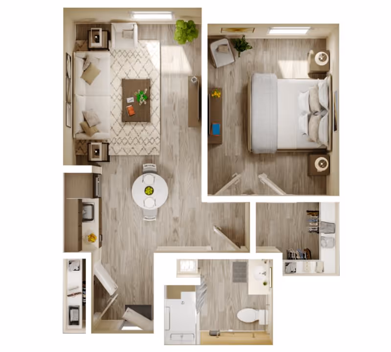Top-down view of a one-bedroom apartment floor plan featuring a living room with a sofa, coffee table, and TV stand, a dining area with a round table and four chairs, a kitchen with appliances and cabinets, a bedroom with a bed, nightstands, and a chair, a bathroom with a toilet, sink, and bathtub, and a walk-in closet with hanging clothes.