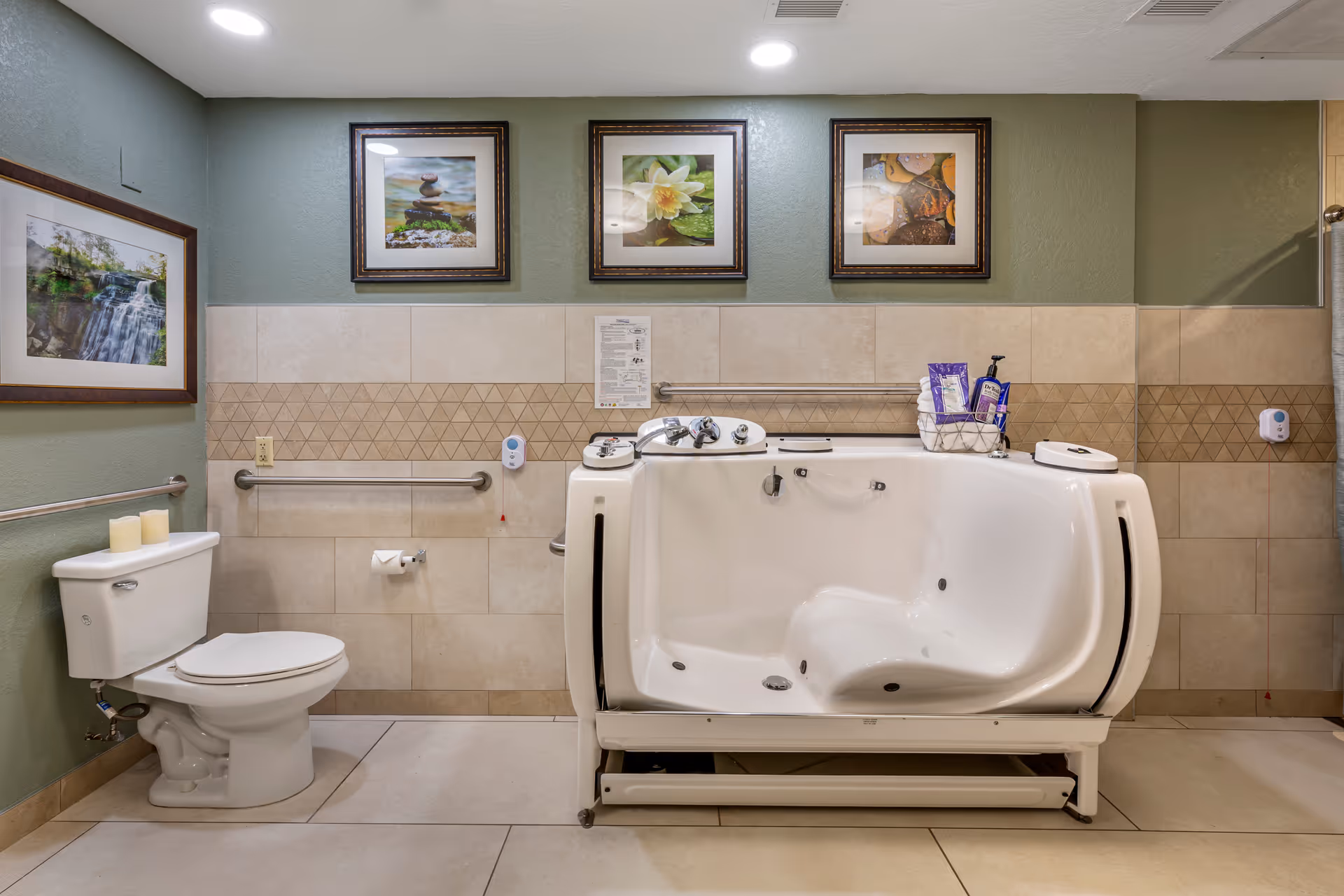 A bathroom with a white toilet on the left and a walk-in bathtub on the right. The walls are painted green with beige tiles halfway up, decorated with framed nature photographs. There are grab bars on the walls for safety, and a basket with toiletries on the bathtub edge.