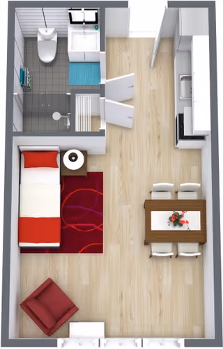 Top-down view of a small assisted living apartment layout featuring a bedroom area with a single bed, nightstand, and armchair, a dining area with a table and four chairs, a kitchenette with appliances and cabinets, and a bathroom with a toilet, sink, and shower.