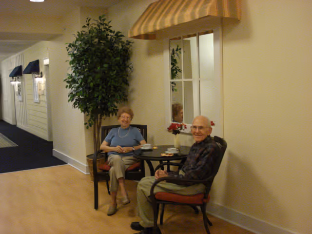 An elderly man and woman sitting at a small round table with cups and a vase of flowers in a hallway with light-colored walls and wooden flooring. There is a large potted plant next to them and a window with a striped awning above it on the wall behind them.