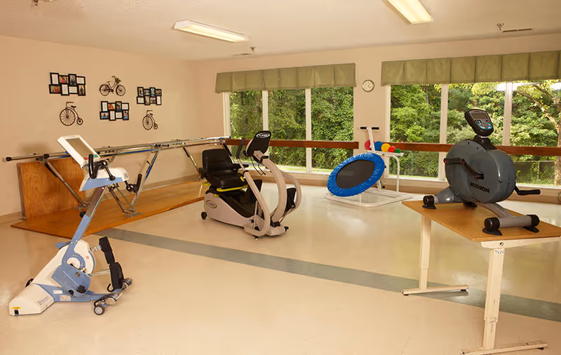 An exercise/physical therapy room with recumbent bikes, a small trampoline, parallel bars, and large windows overlooking trees.
