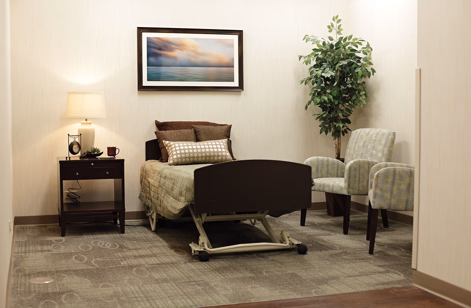 A small furnished patient bedroom with a hospital-style bed, nightstand with lamp and clock, two armchairs, and a potted plant.